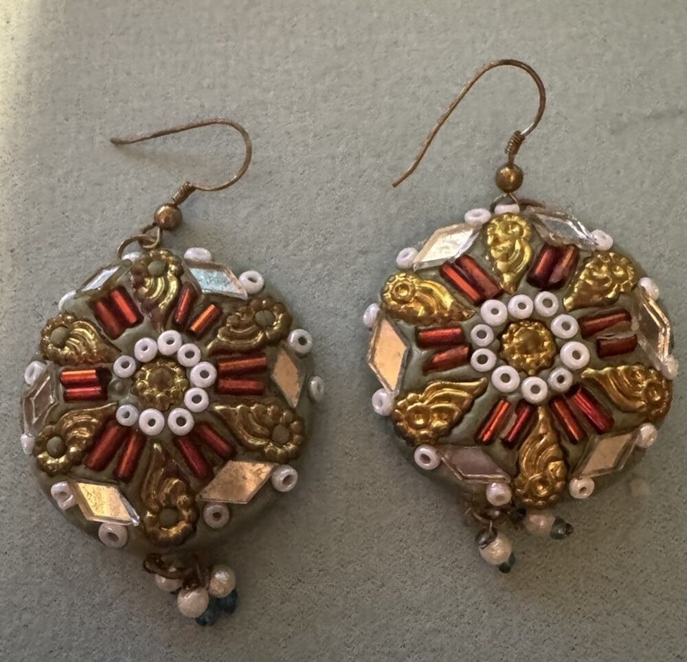 Mandala Medallion Dangle Earrings Silver Tone Brown Artsy Bohemian Statement